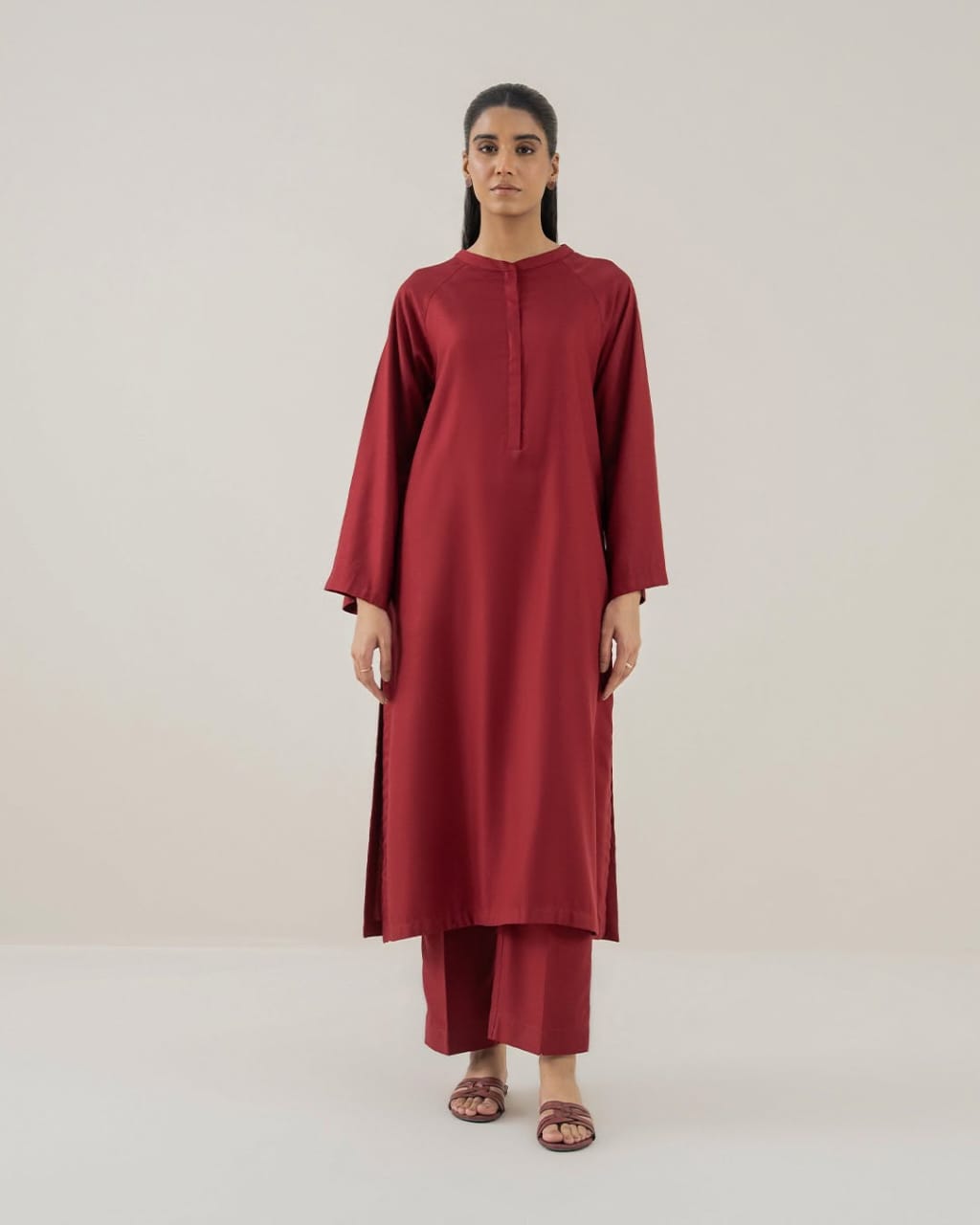 Stitched Autumn 2025 Silk 2-Piece Suit in Mehroon