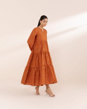 Stitched Summer ’25 Lawn Frock – Orange